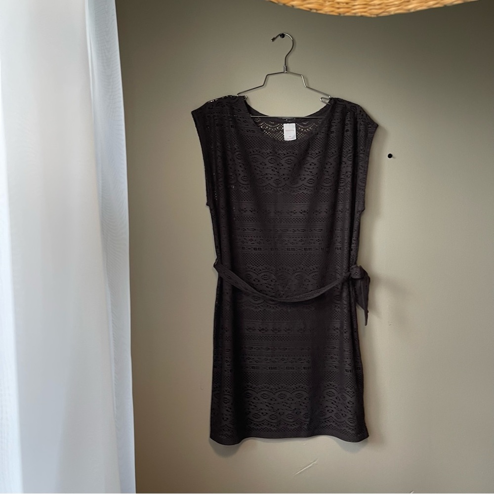 Swim Coverup • Grey Lace Mini Dress with Belt - Women’s M